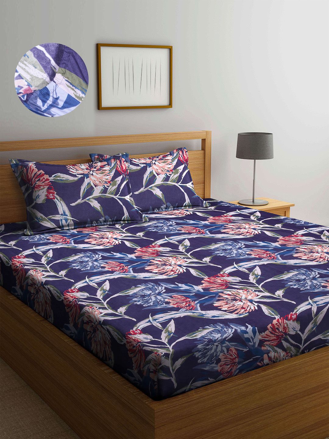 Arrabi Blue & Red Floral 300 TC King Bedsheet with 2 Pillow Covers-picture-22