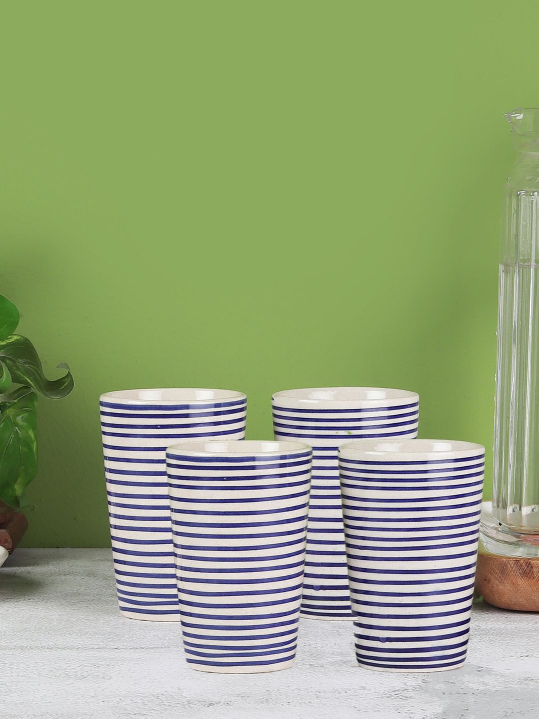VarEesha Set Of 4 Blue & White Spiral Ceramic Glasses-image-7