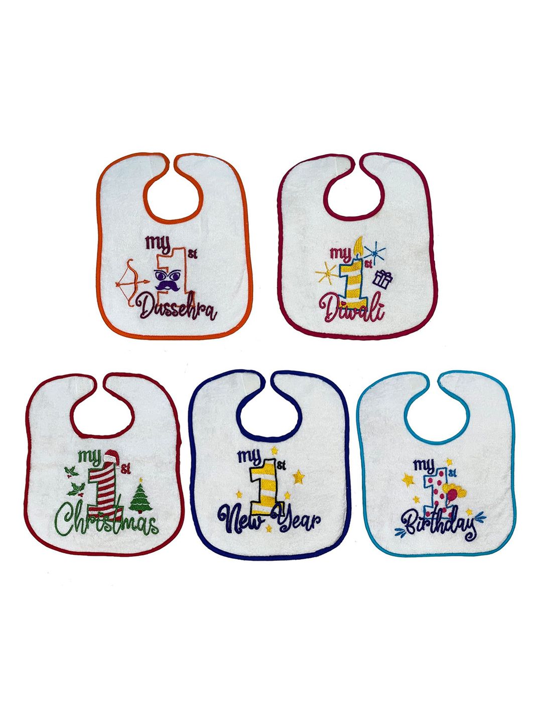 Butterthief Kids Set of 5 White Printed Cotton Bibs-picture-54