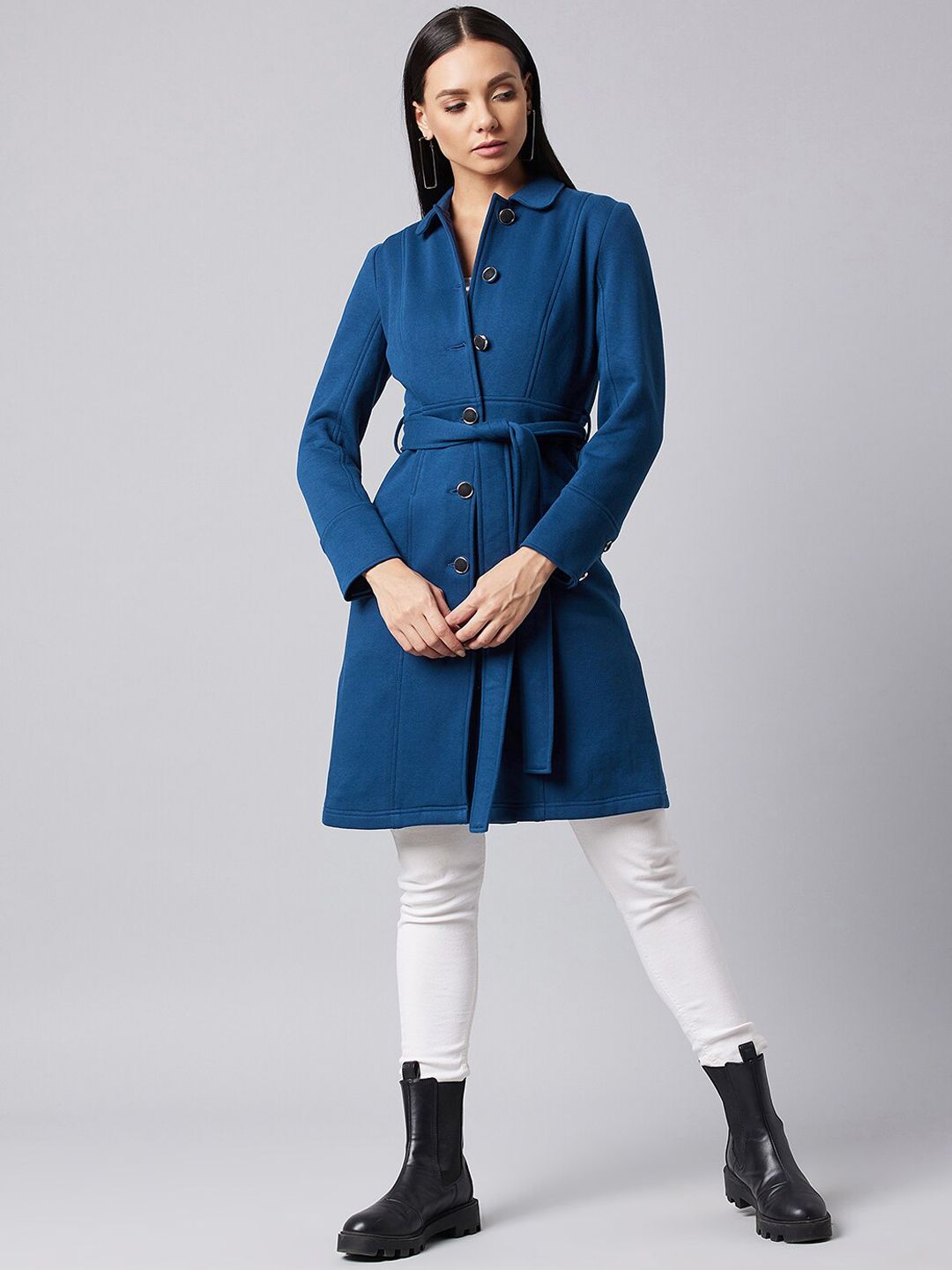 DOLCE CRUDO Women Navy Blue Belted Long Jacket-picture-20