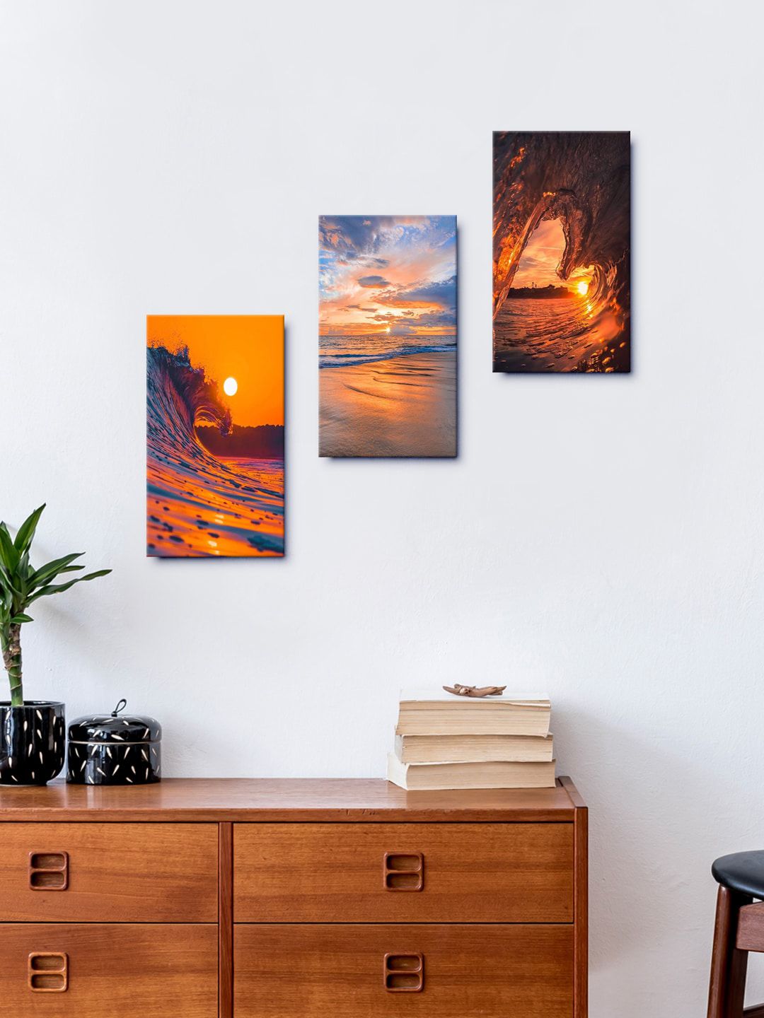 999Store Set of 3 Brown & Blue Beautiful Sunset On The Beach Waves Wall Painting-picture-14