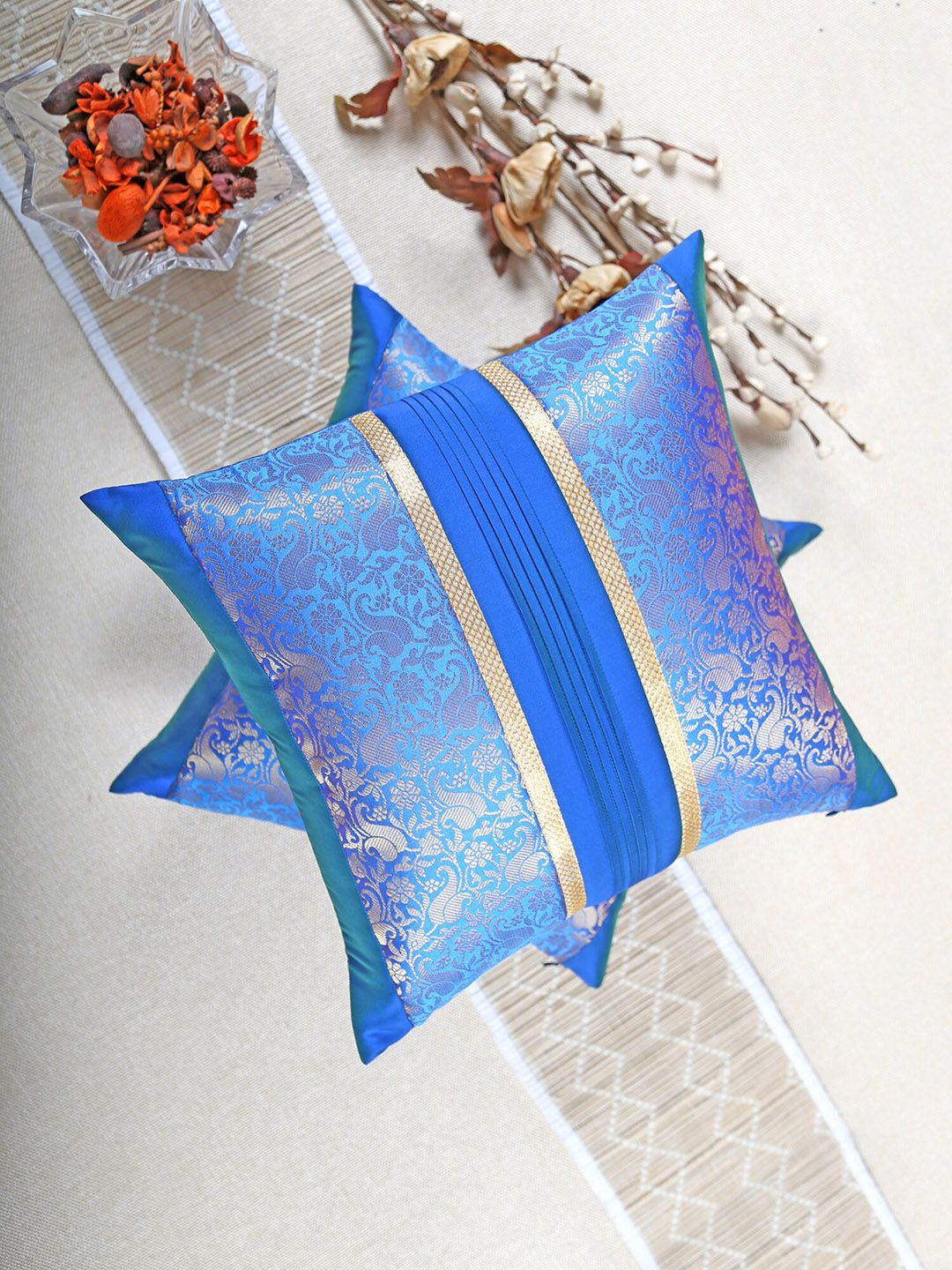 ANS Set of 2 Blue & Gold Ethnic Motifs Square Cushion Covers-picture-48