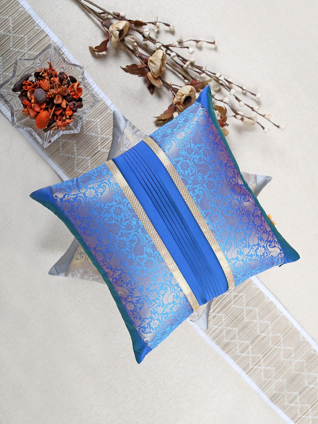 ANS Set Of 2 Blue & Gold-Toned Woven Design Brocade Square Cushion Cover-picture-13