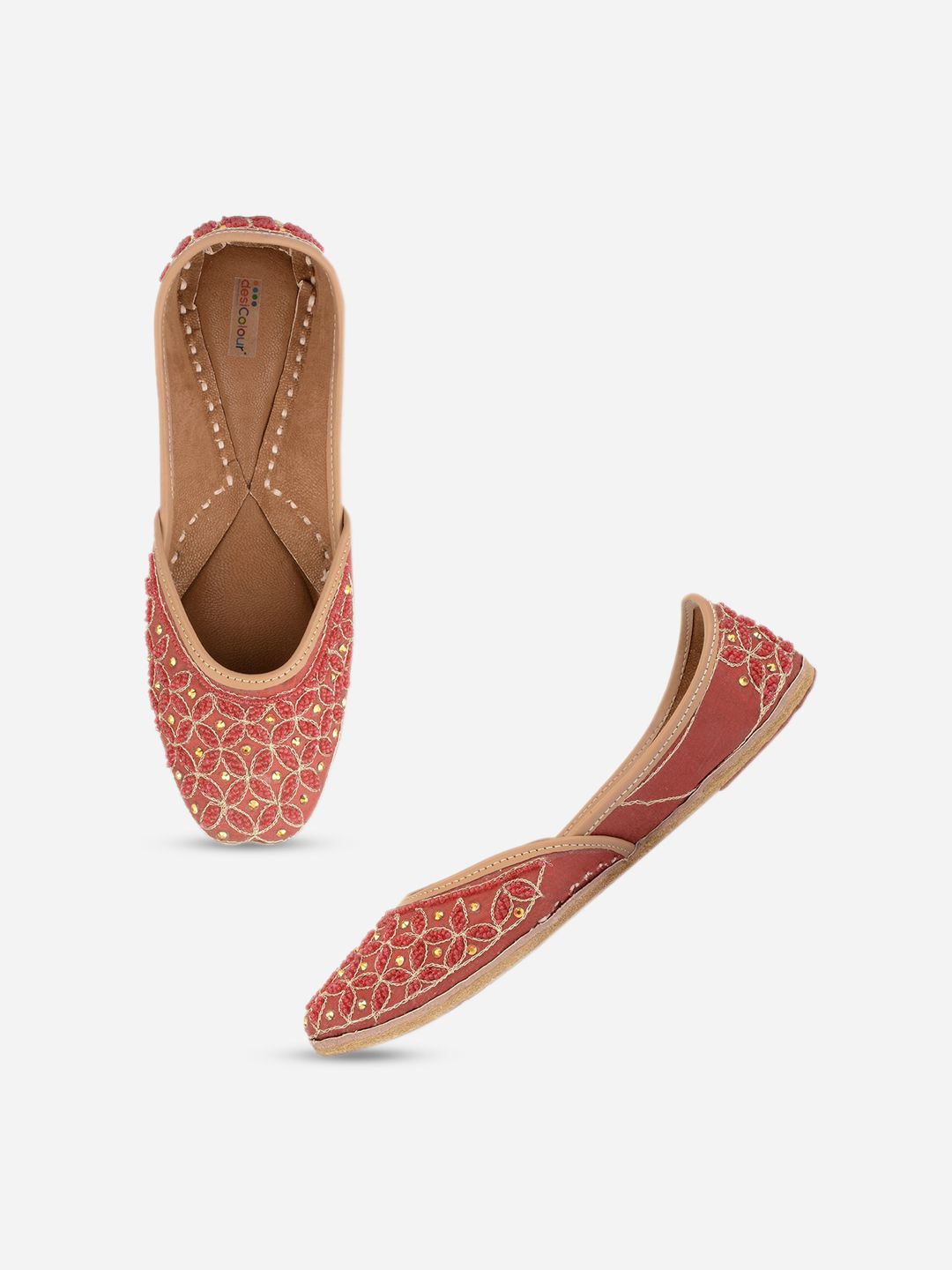DESI COLOUR Women Maroon Embellished Leather Ethnic Mojaris Flats-picture-12