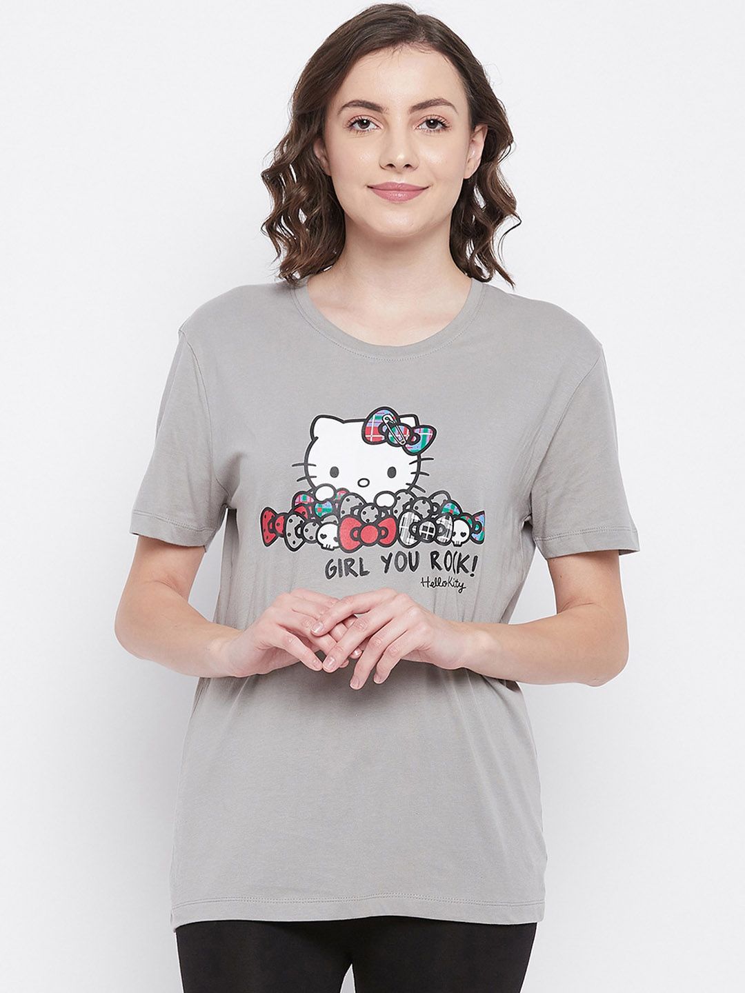 Clovia Women Grey & White Printed Cotton Lounge T-Shirt-picture-12