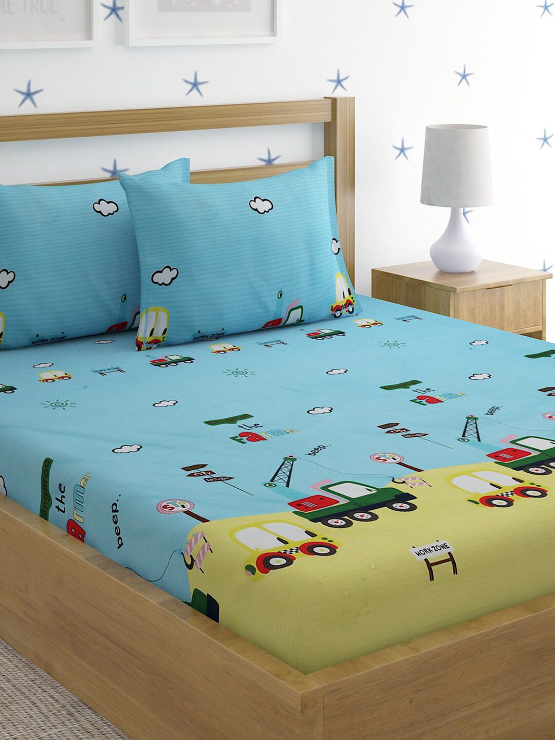 HOSTA HOMES Blue & Green Cartoon Characters 210 TC Queen Bedsheet with 2 Pillow Covers-picture-58
