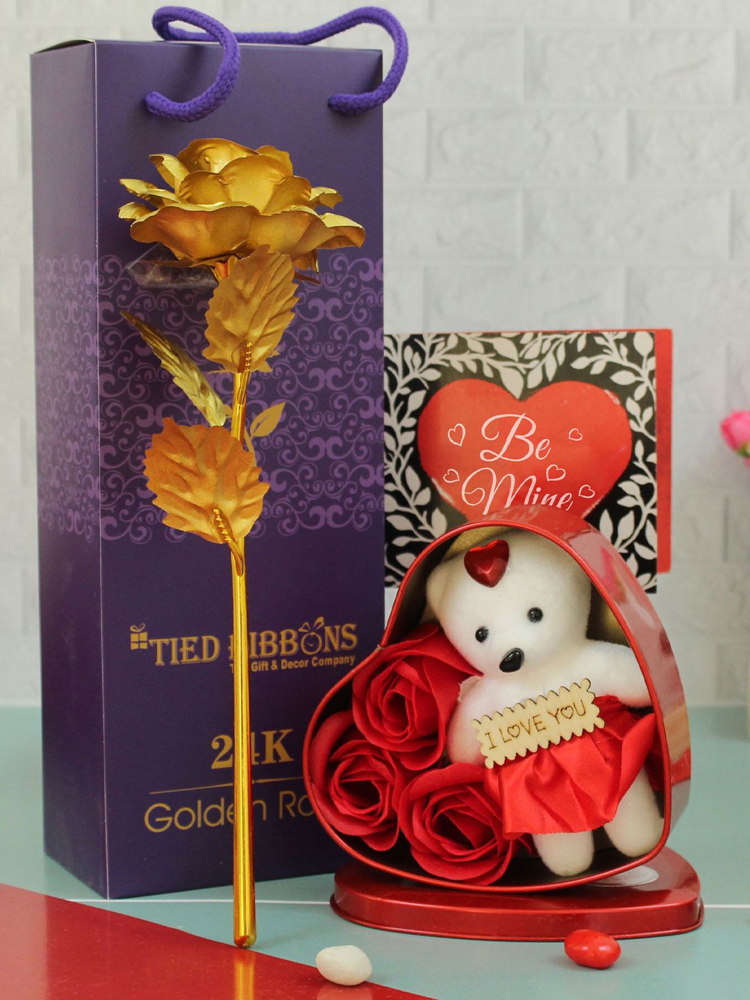 TIED RIBBONS Valentine Day Special Golden Rose & Teddy with Roses Combo Gift Pack-image-27