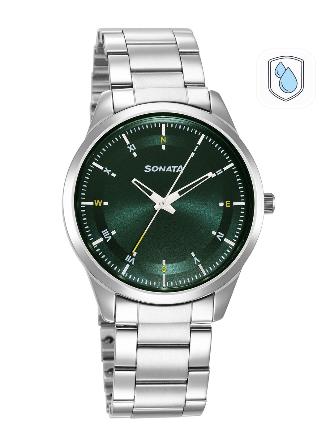 Sonata Men Green Brass Dial & Silver Toned Stainless Steel Bracelet Style Straps Analogue Watch 7146SM03-image-46