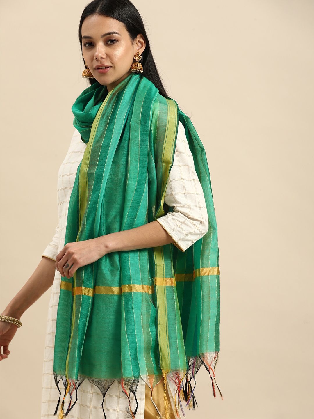 Shaily Green & Gold-Toned Woven Design Cotton Silk Dupatta-picture-11