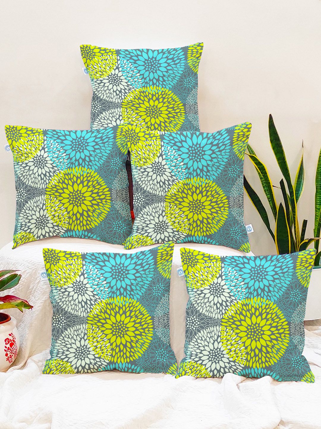 STITCHNEST Set of 5 Green & Turquoise Blue Floral Square Cushion Covers-picture-35
