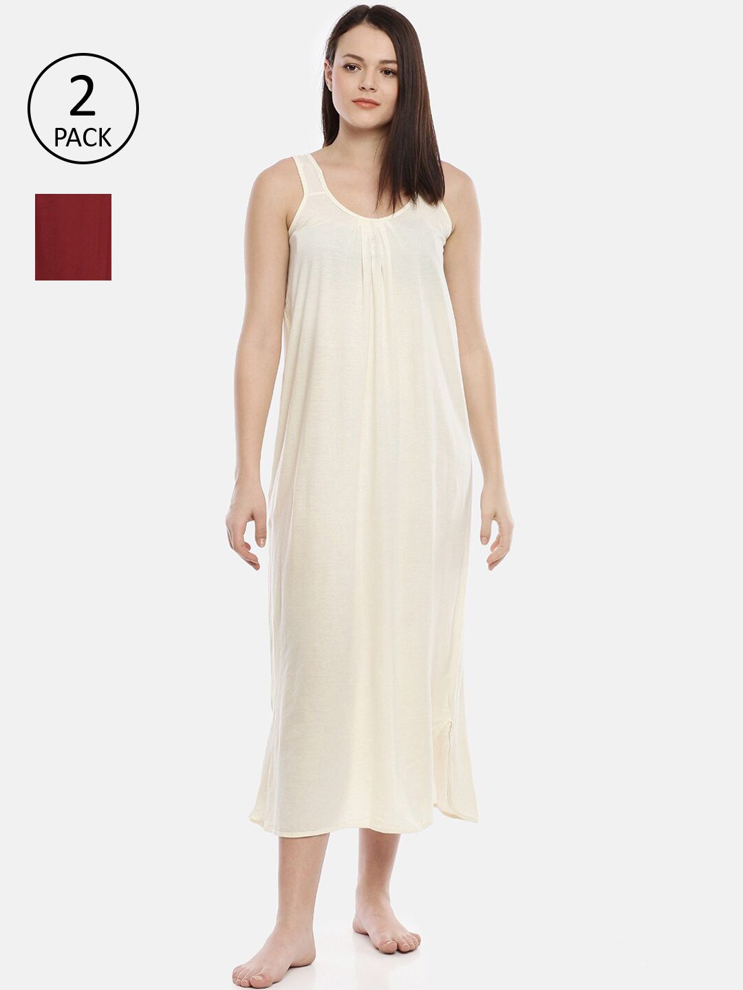 GOLDSTROMS Women Pack Of 2 Beige & Maroon Cotton Longline Camisoles-picture-21