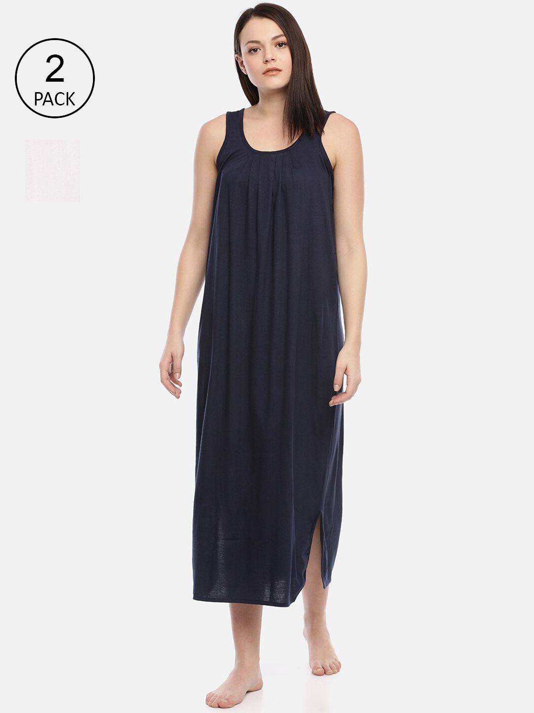 GOLDSTROMS Women Pack Of 2 Navy Blue & White Solid Longline Camisoles-picture-16