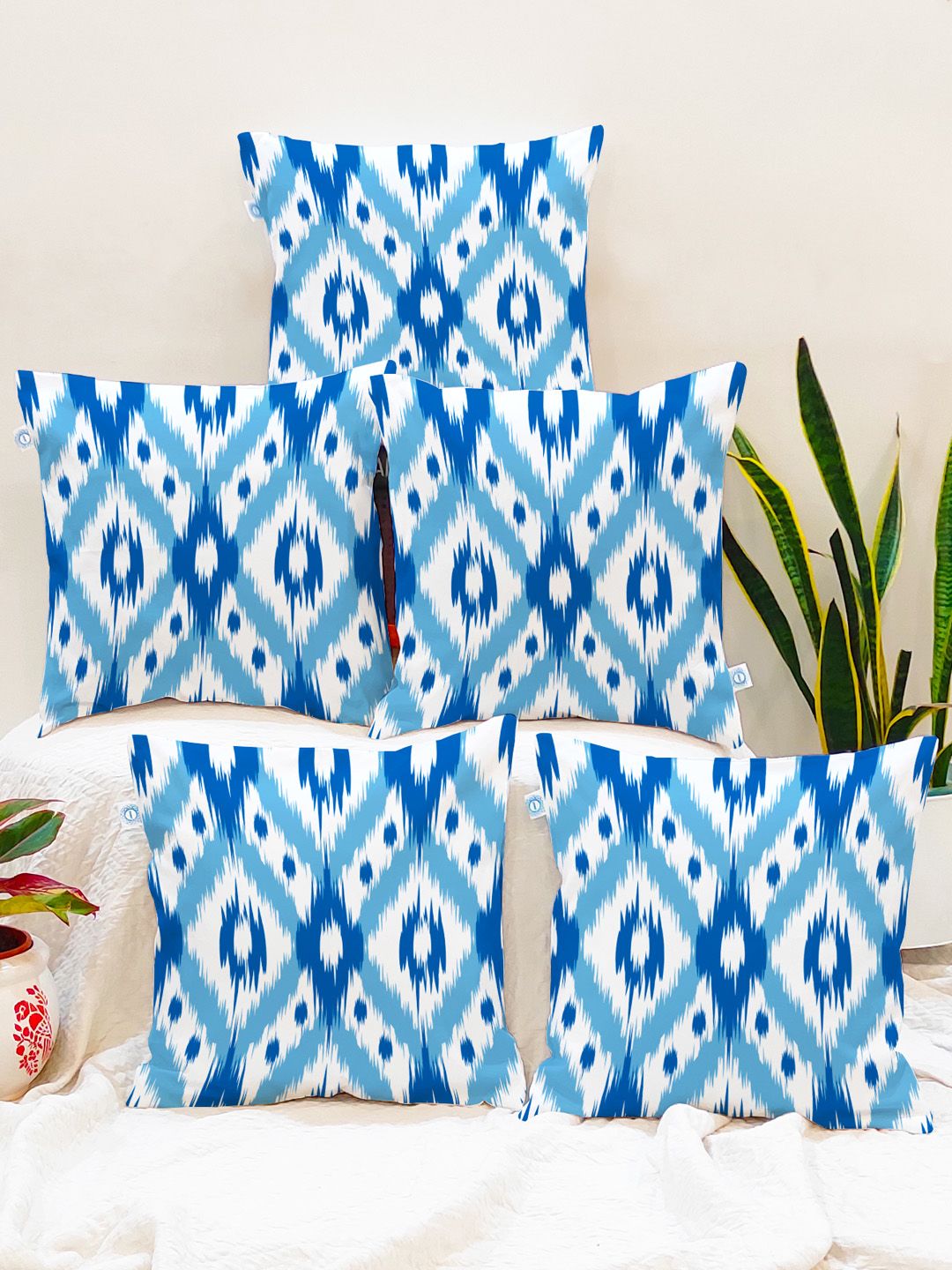 STITCHNEST Set Of 5 Blue & White Geometric Printed Cotton Square Cushion Covers-picture-24