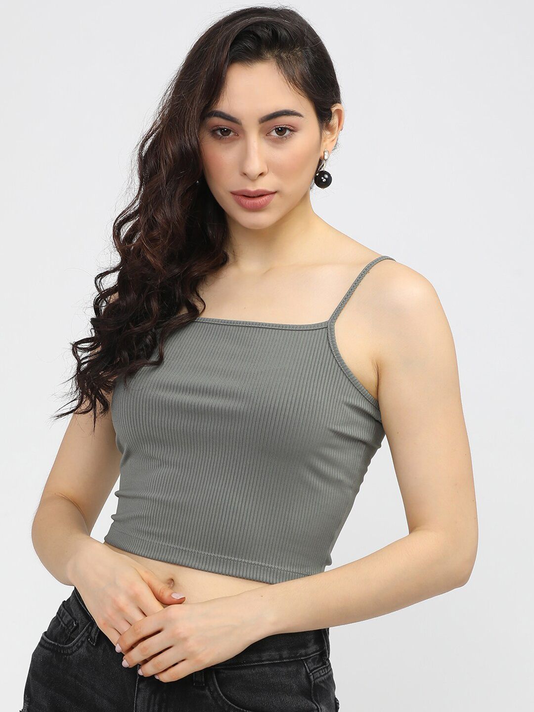 Tokyo Talkies Grey Self-Striped Knitted Crop Top-image-28