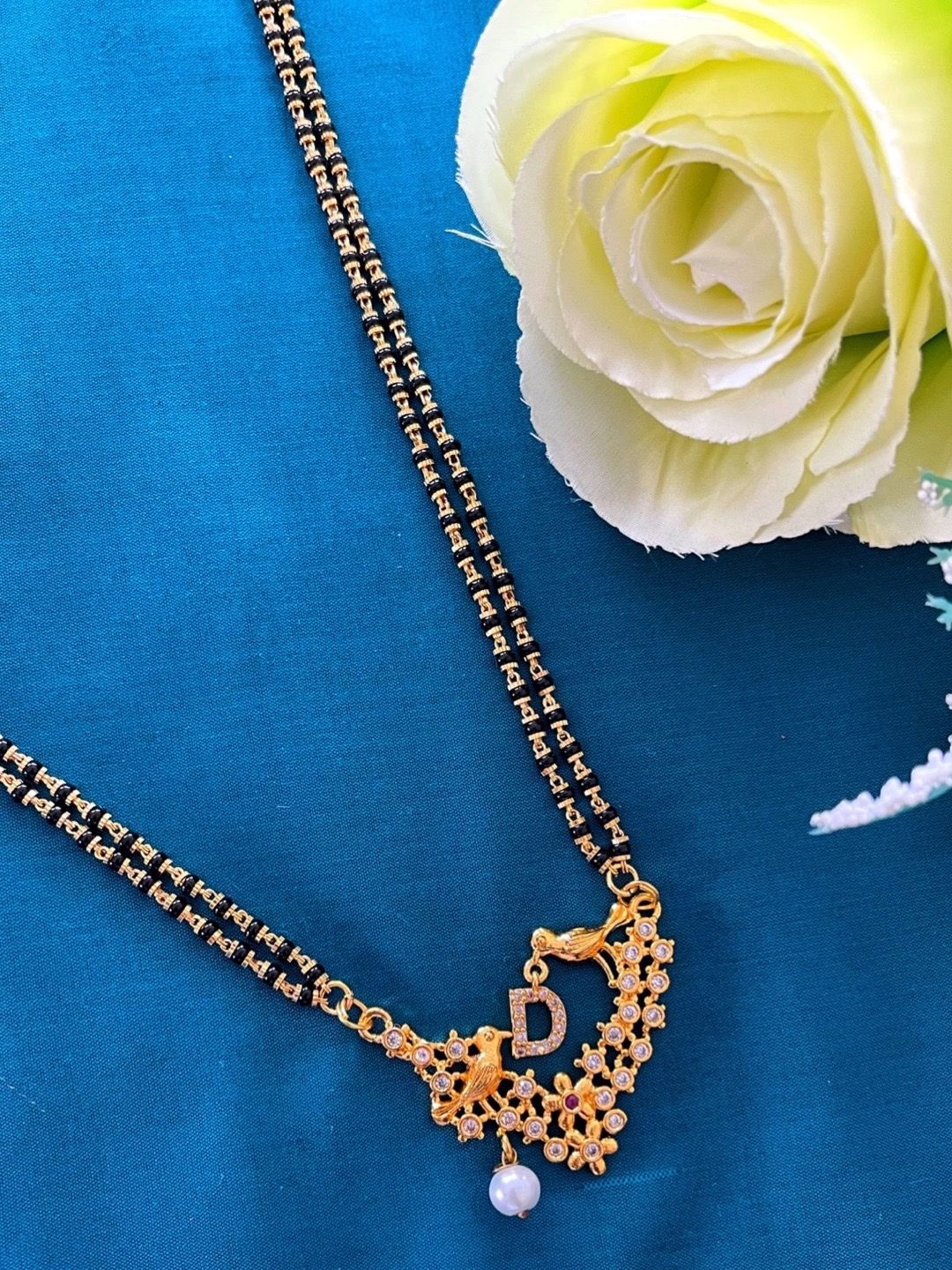 Digital Dress Room Gold-Plated Black & White Beaded & Stone-Studded D-Alphabet Mangalsutra-picture-18