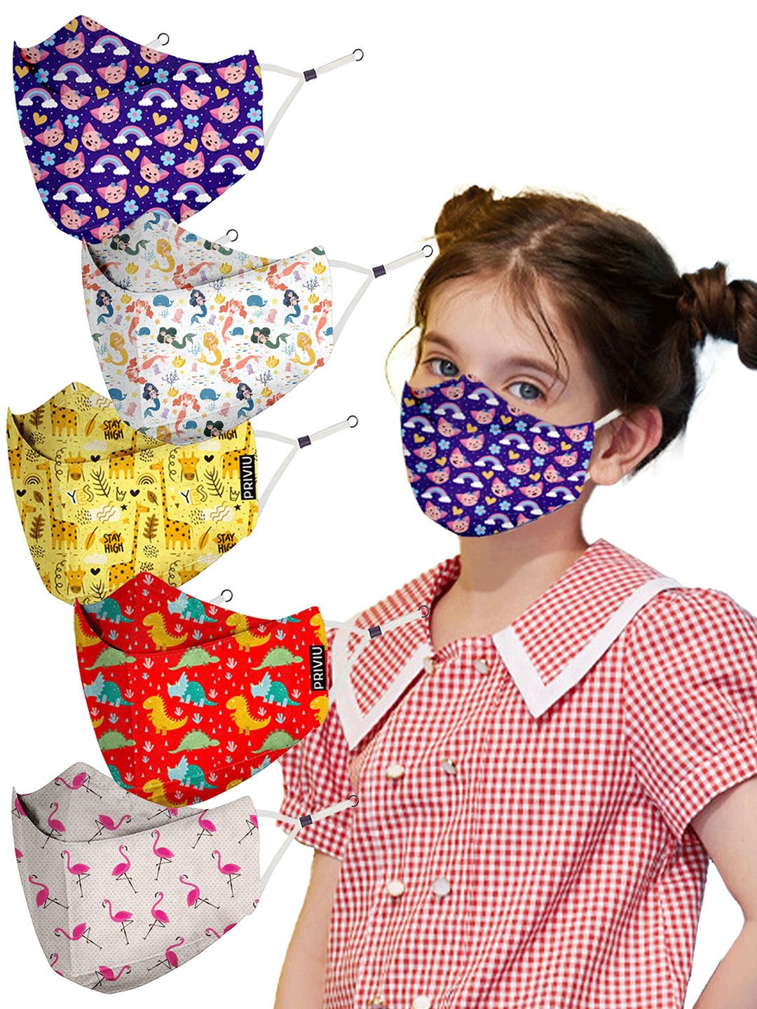 PRIVIU Kids Pack Of 5 Printed 4-Ply Cotton Care Plus FFP2 Protective Face Mask