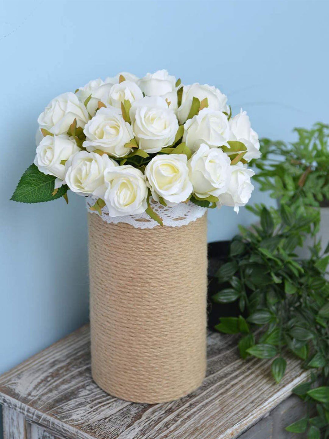 TIED RIBBONS Set Of 12 White & Green Artificial Rose Flowers-picture-48