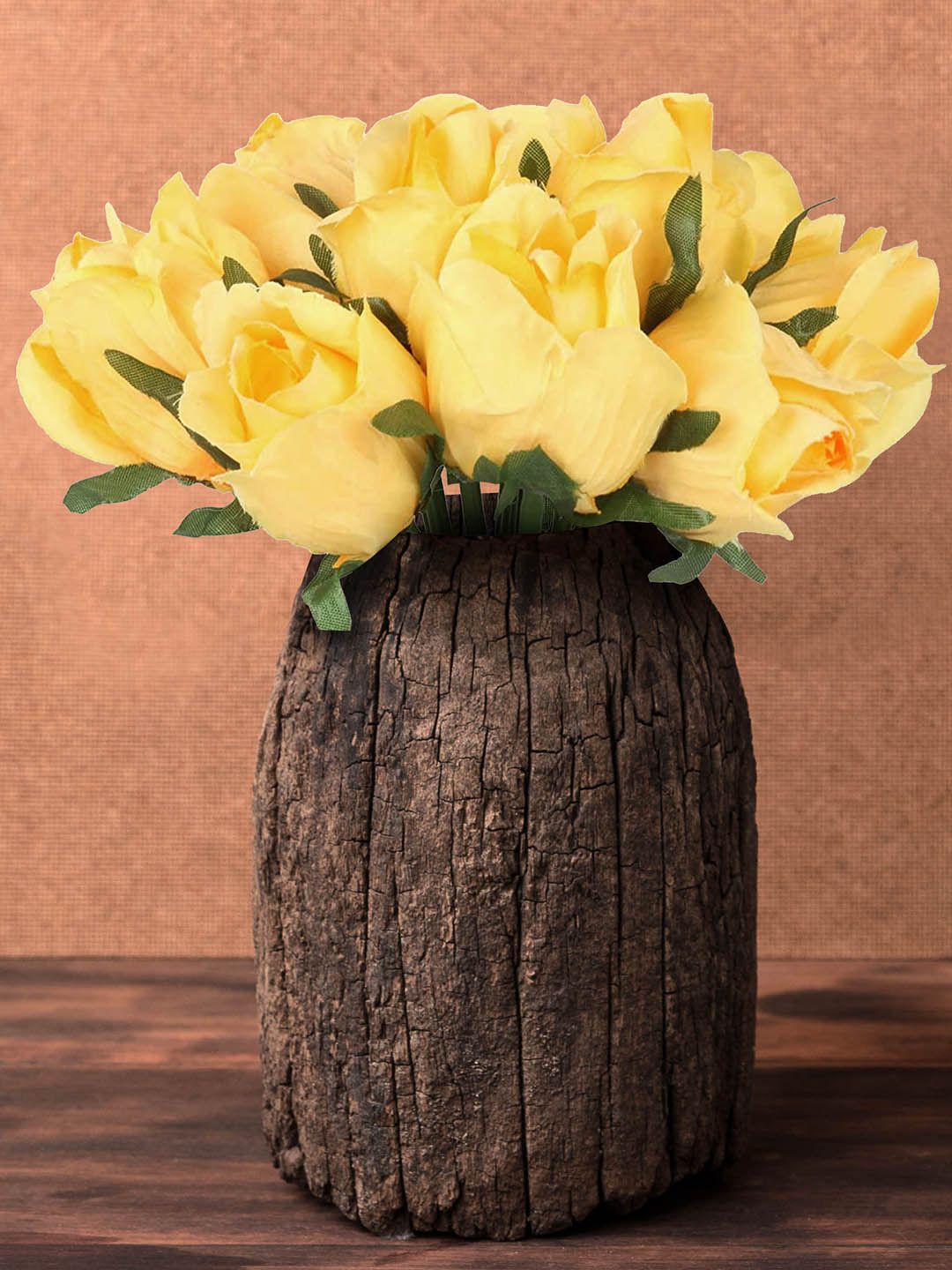TIED RIBBONS Set Of 12 Yellow & Green Artificial Rose Flowers-picture-20