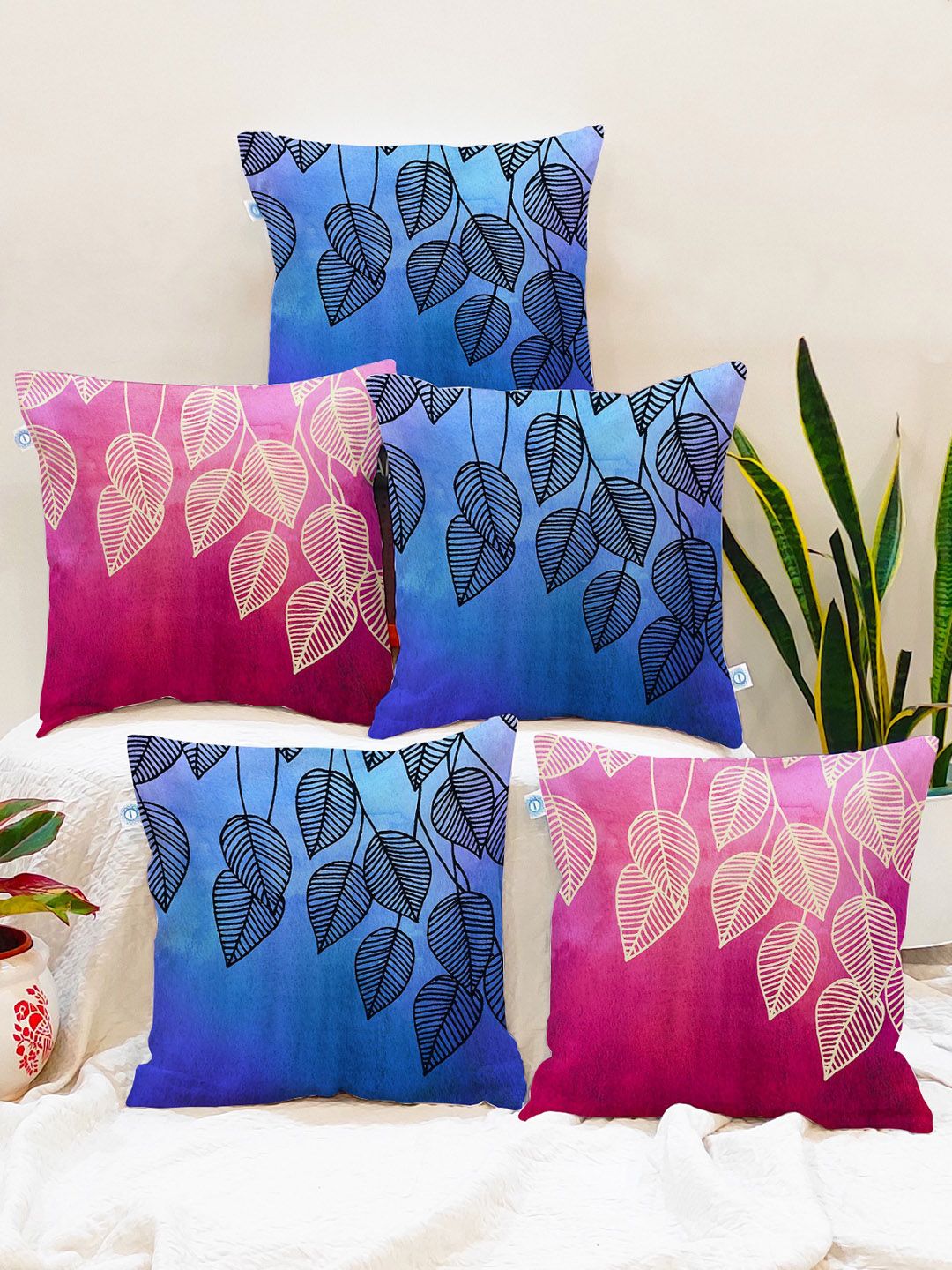 STITCHNEST Blue & Pink Set of 5 Ethnic Motifs Square Cushion Covers-picture-19