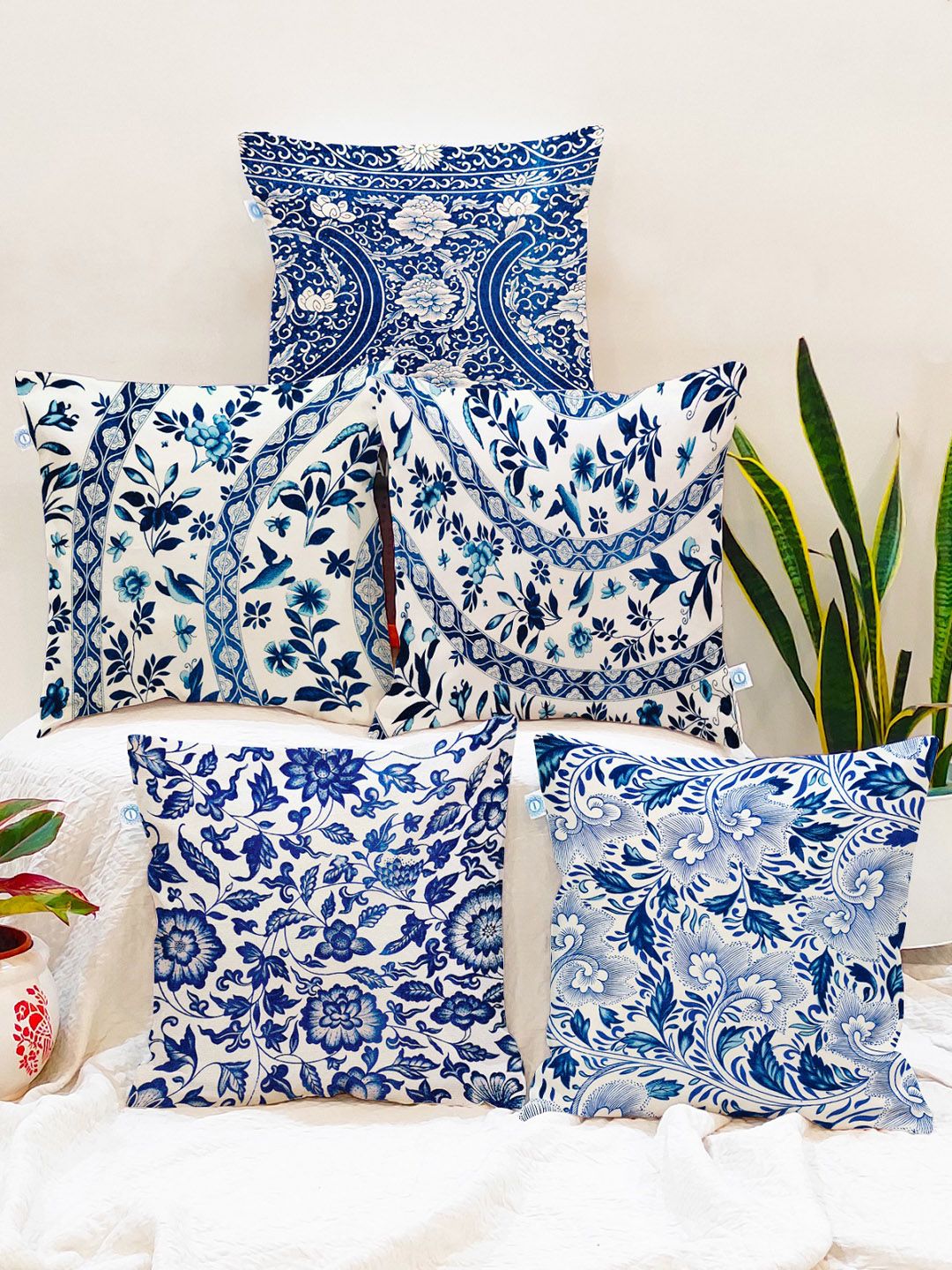 STITCHNEST Blue & White Set of 5 Floral Square Cushion Covers-picture-38