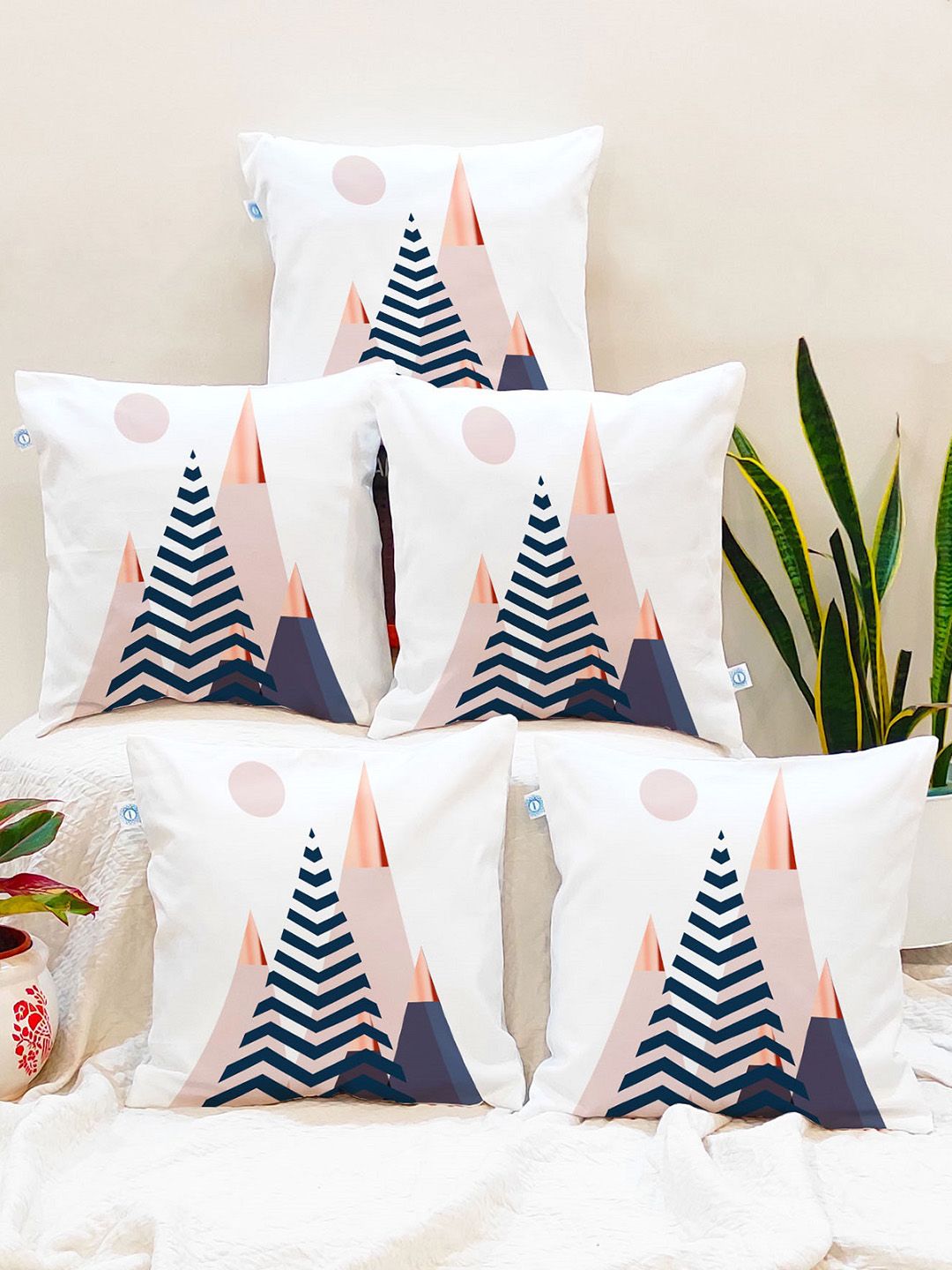 STITCHNEST Set Of 5 Blue & White Geometric Square Cushion Covers-picture-26
