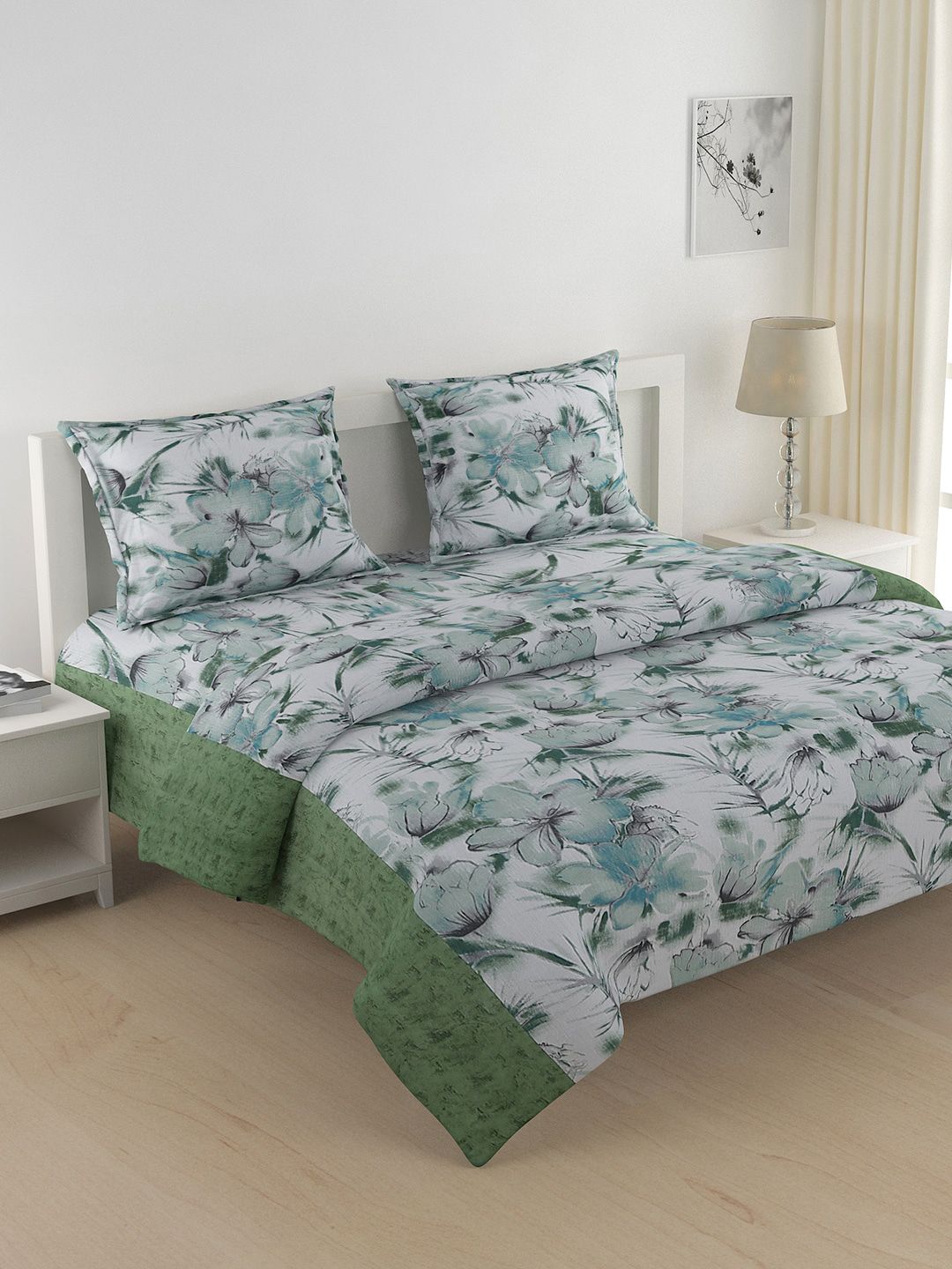 SWAYAM Green & White Floral Printed Cotton 144 TC Double King Bedding Set-picture-24
