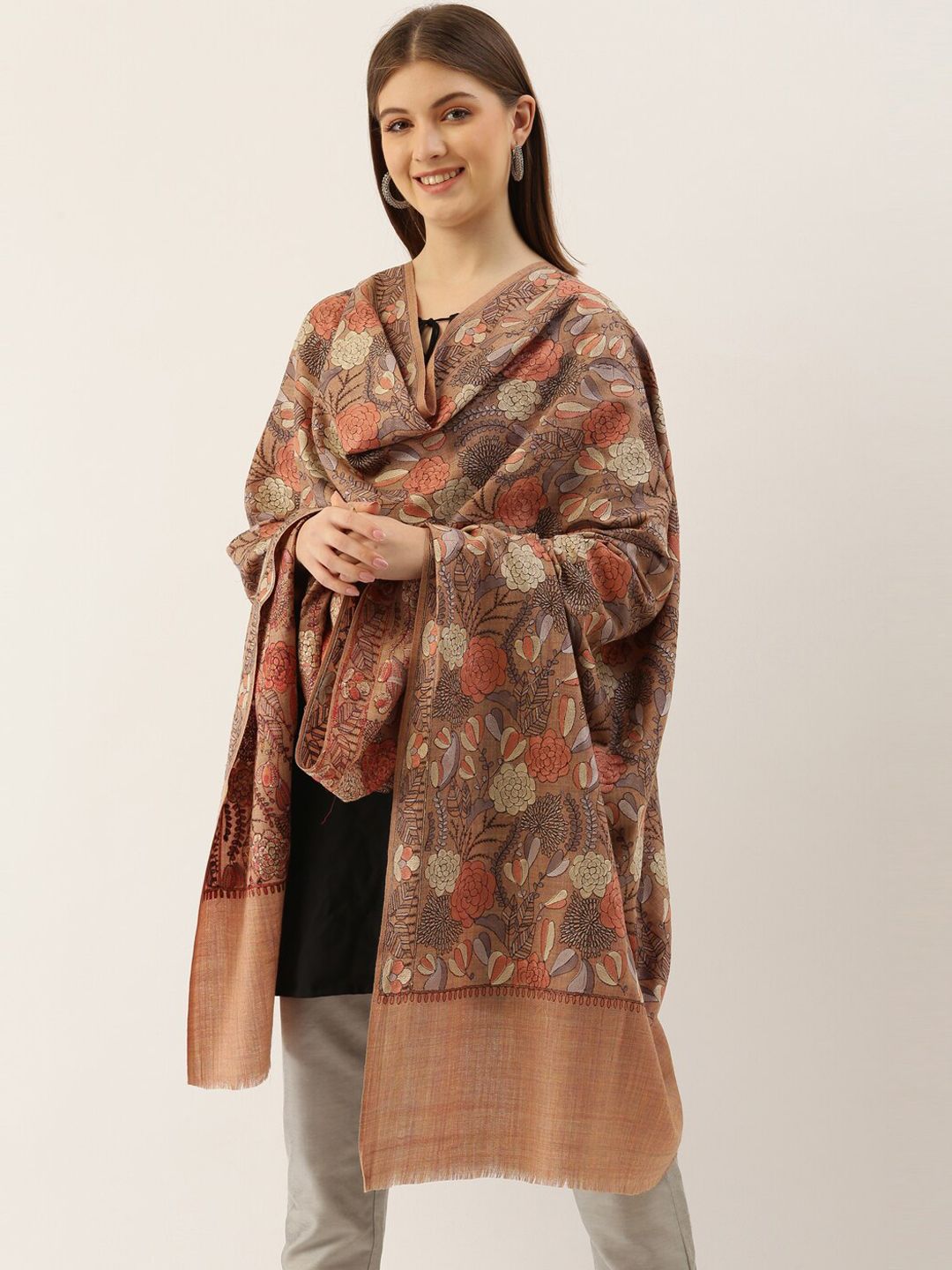 Pashmoda Women Beige & Grey Embroidered Woolen Shawl-image-31
