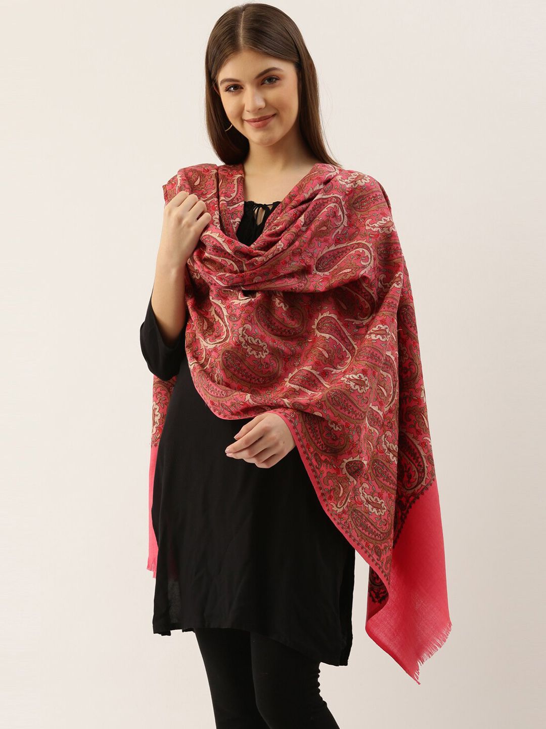 Pashmoda Women Pink & Brown Paisley Embroidered Pure Woolen Shawl-picture-47