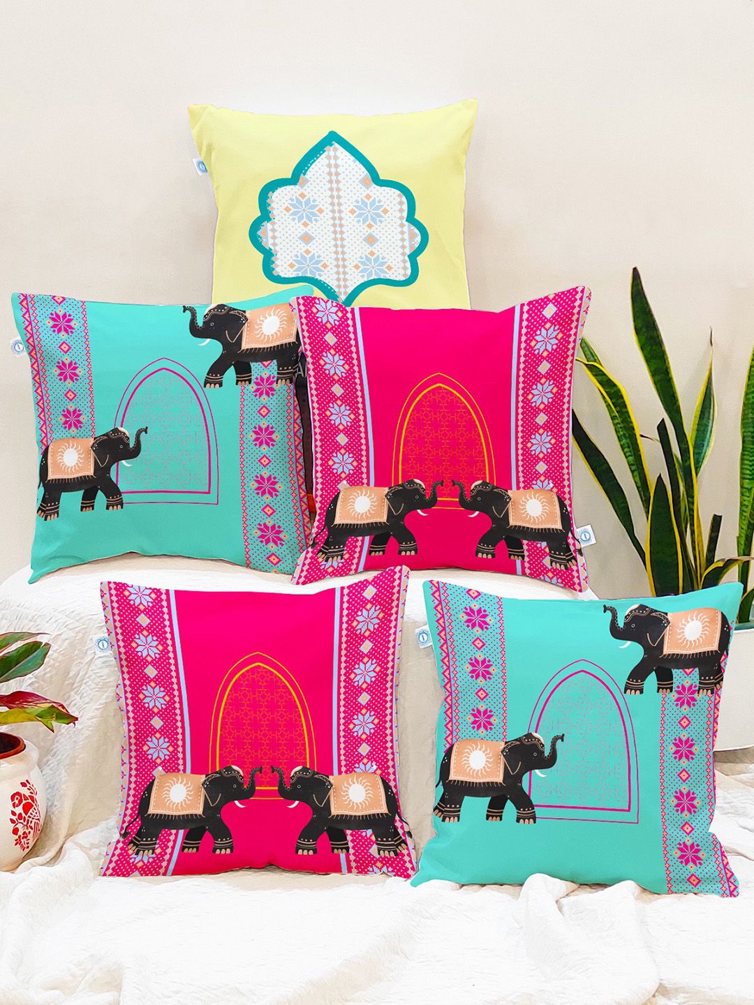 STITCHNEST Pink & Sea Green Set of 5 Ethnic Motifs Square Cushion Covers-picture-40