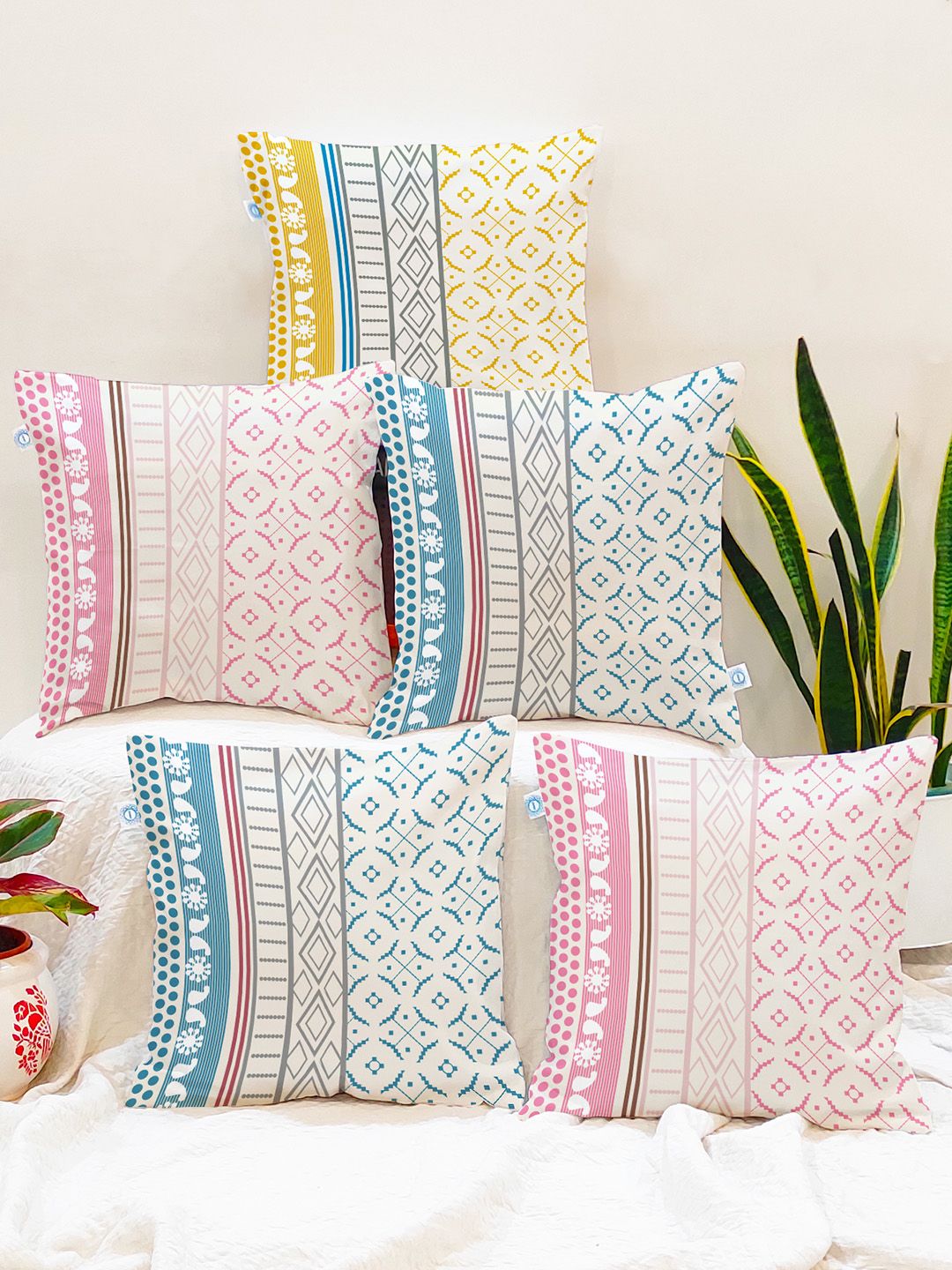 STITCHNEST Pink & Yellow Set of 5 Ethnic Motifs Square Cushion Covers