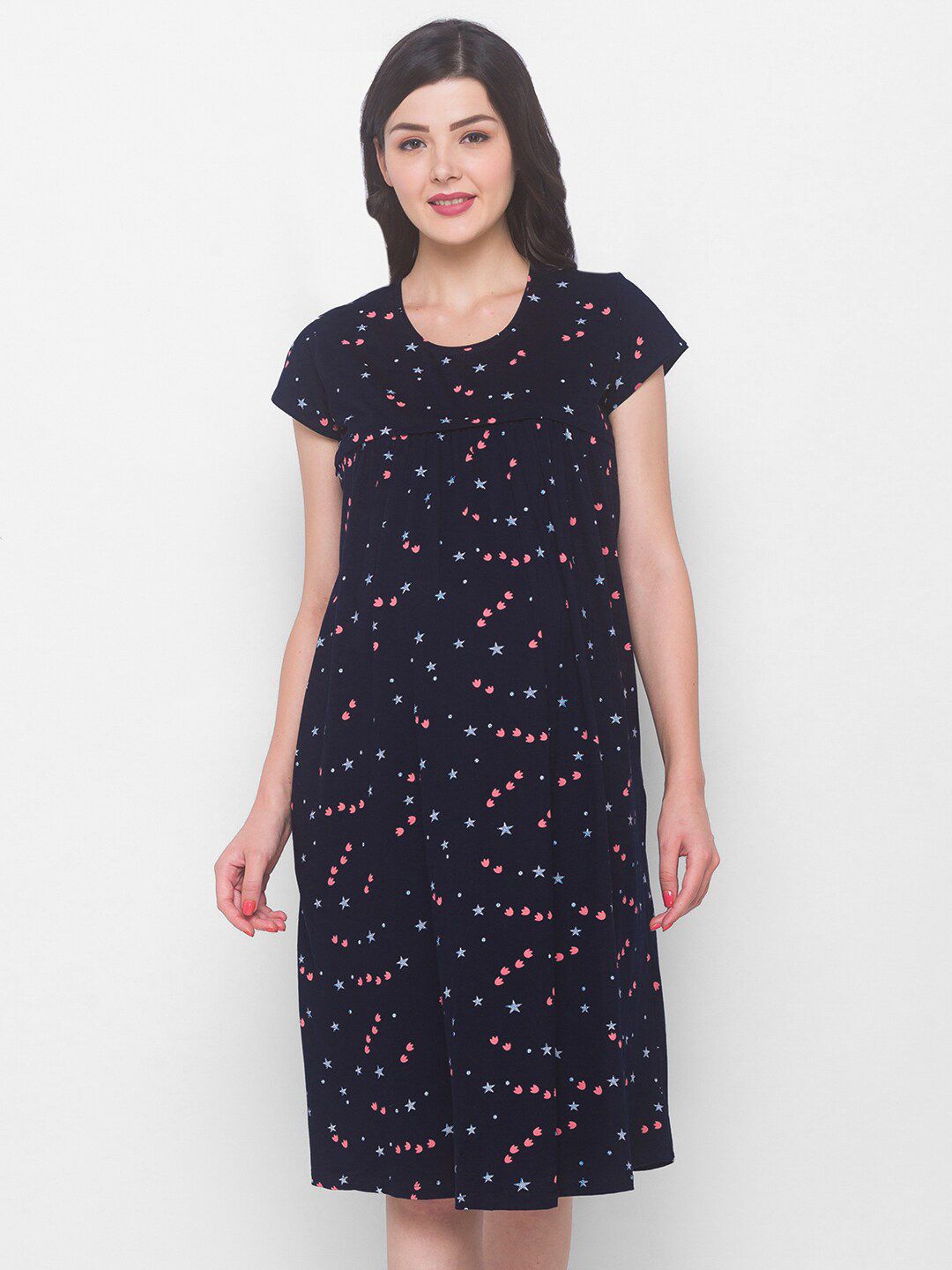 AV2 Black Printed Maternity & Nursing Pure Cotton Nightdress-image-3