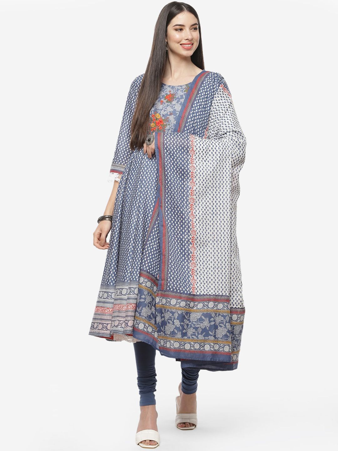 Biba Women Blue Floral Printed Anarkali Kurta Set With Dupatta-picture-30