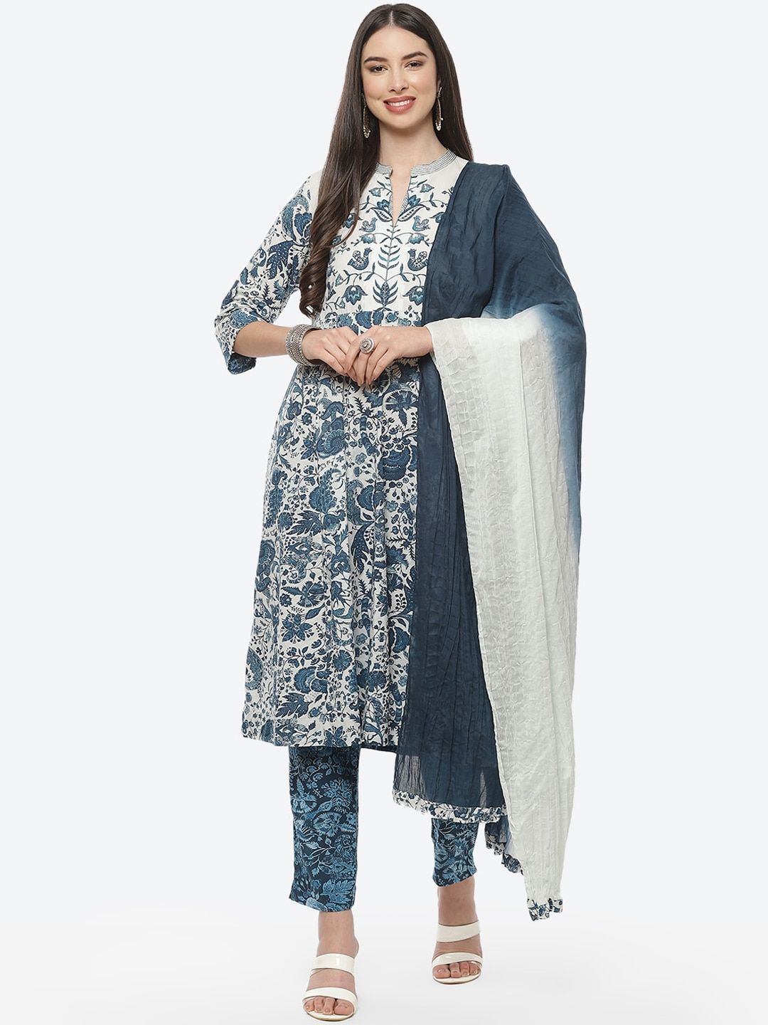 Biba Women White & Blue Floral Printed Pure Cotton Kurta With Trousers & Dupatta-picture-37