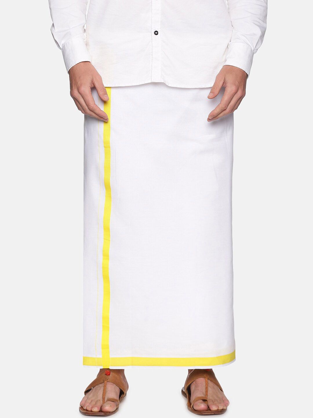 Sethukrishna Men White & Yellow Solid Cotton Mundu-image-21