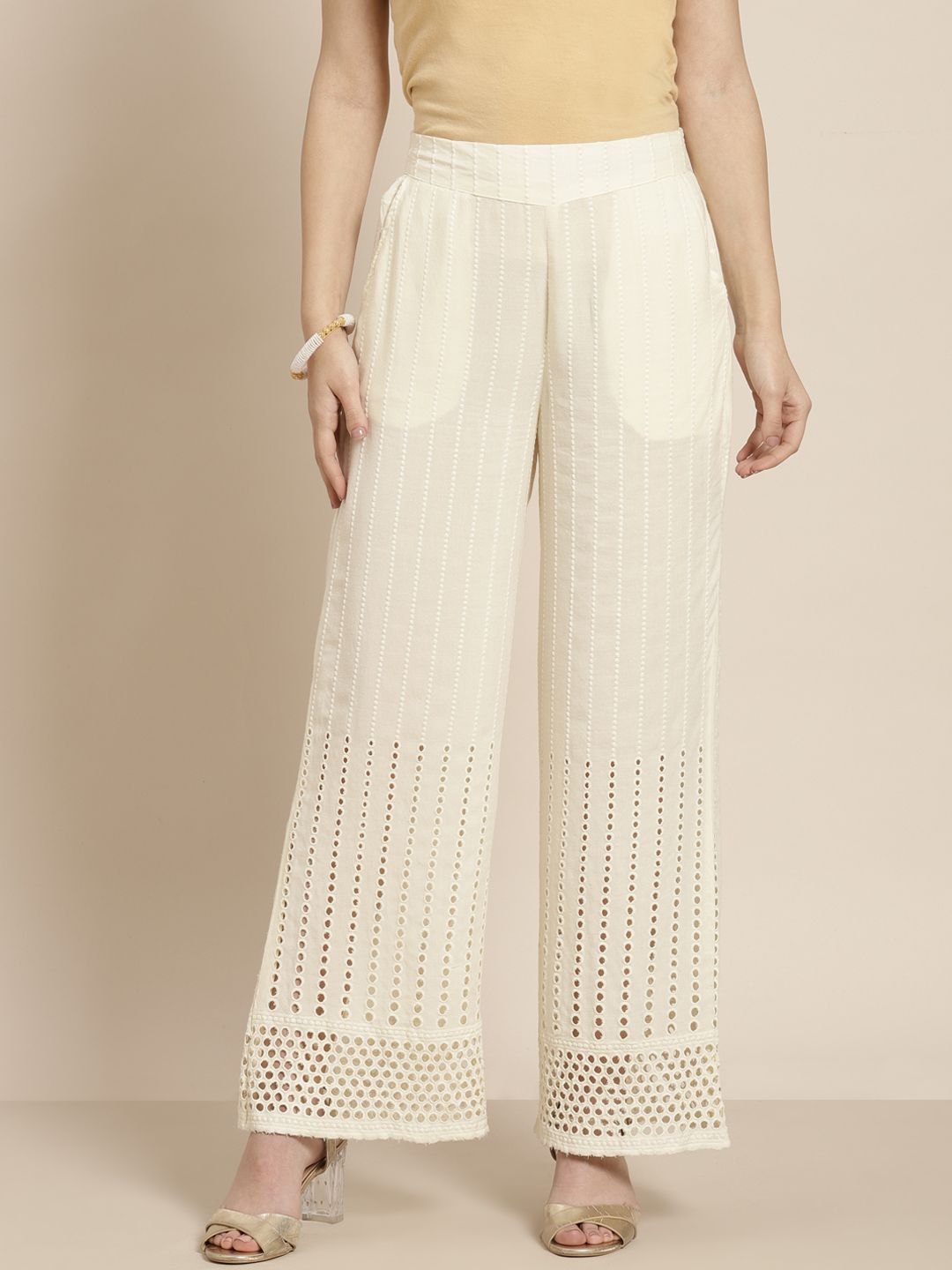 Juniper Women Off White Schiffli Geometric Embroidered Flared Rayon Ethnic Palazzos-picture-24