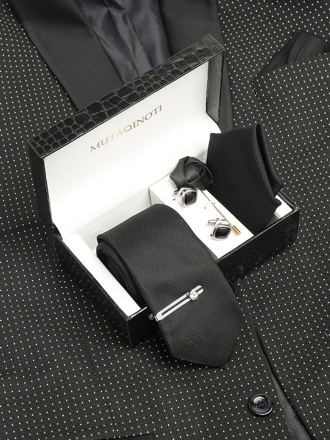 MUTAQINOTI Men Textured Silk Necktie Accessory Gift Set-picture-20