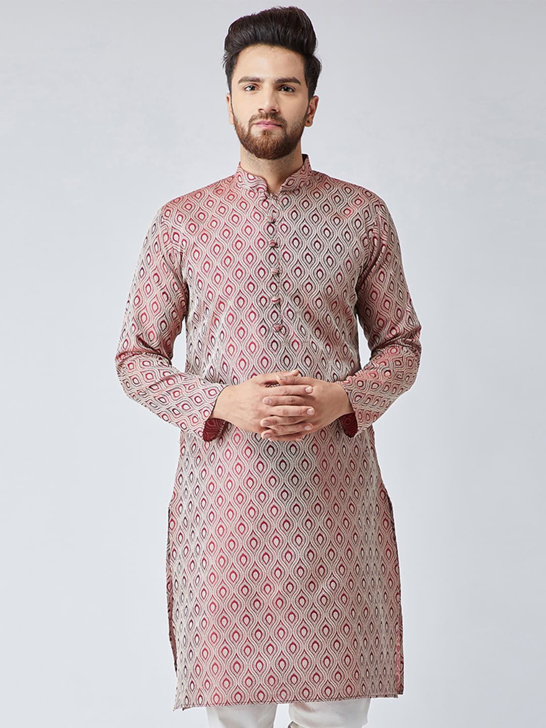 Jompers Men Maroon & White Woven Design Jacquard Kurta-picture-34