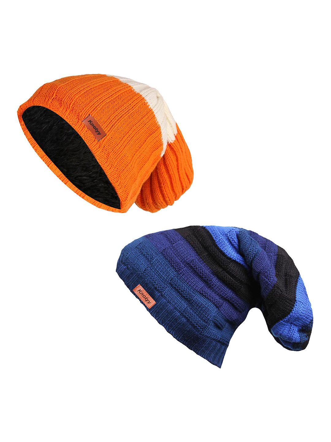 Knotyy Unisex Orange & Blue Set of 2 Self Deisgn Beanie-image-14