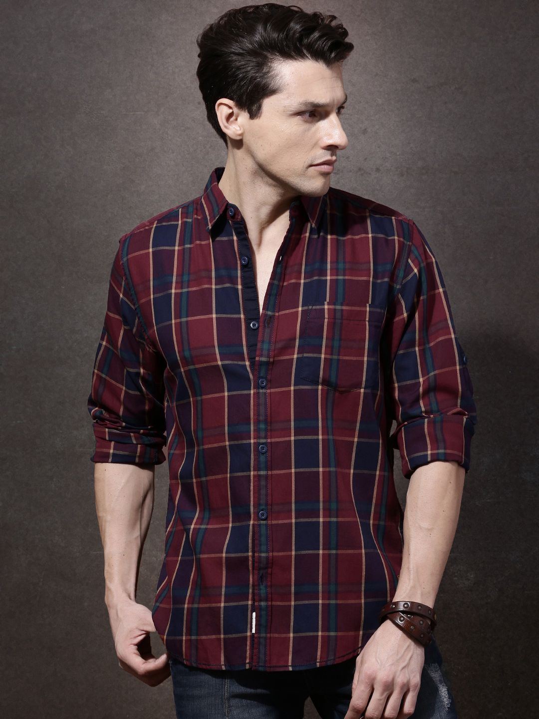 Roadster Men Maroon And Navy Blue Checked Regular Fit Sustainable Casual Shirt Price History 