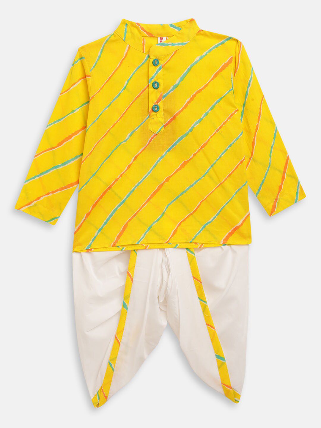 Stuffie Land Boys Yellow Leheriya Printed Pure Cotton Kurta with Dhoti Pants