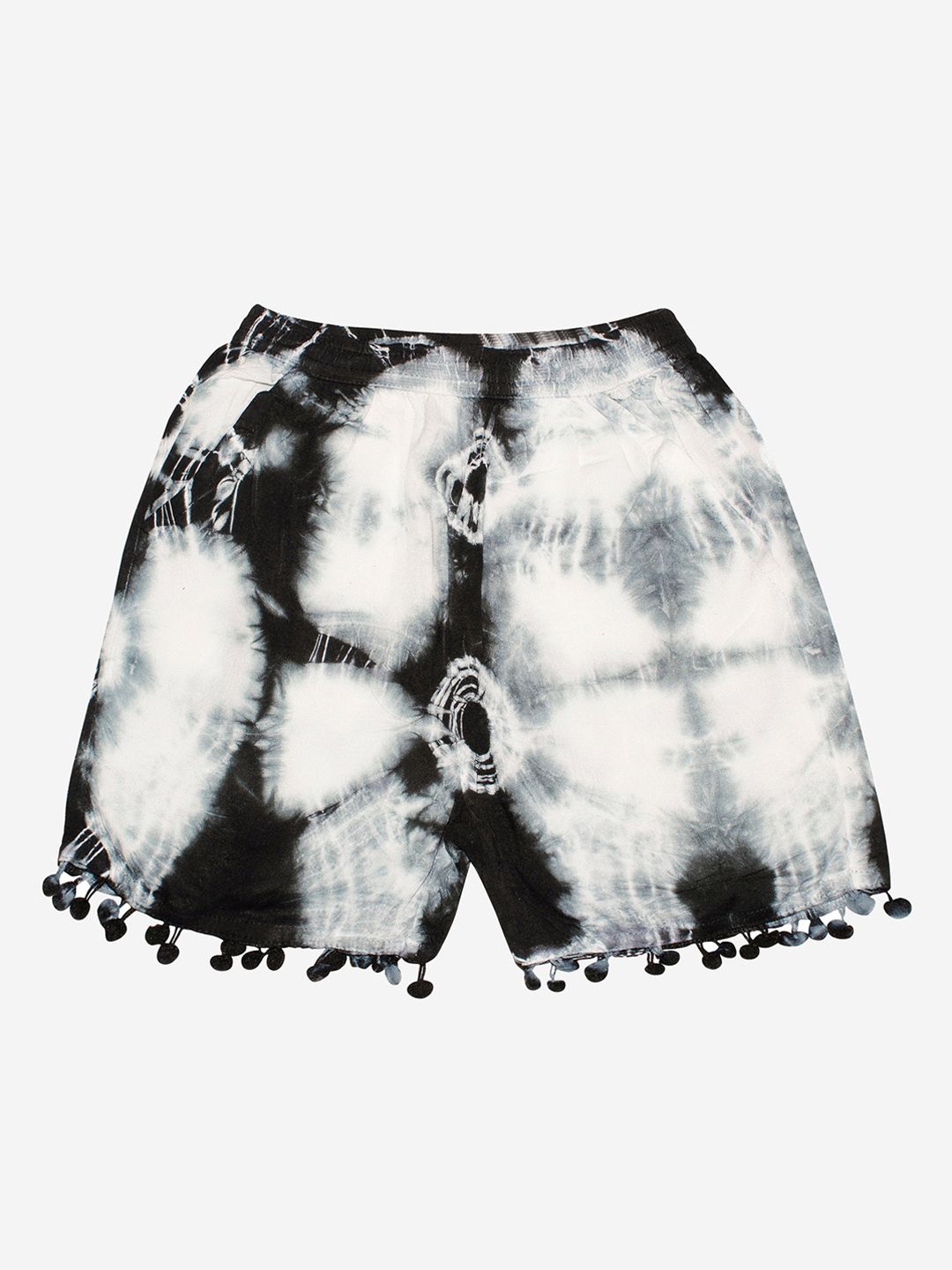 KiddoPanti Girls Black Washed Pom Pom Lace Hem Tie & Dye Shorts-picture-49