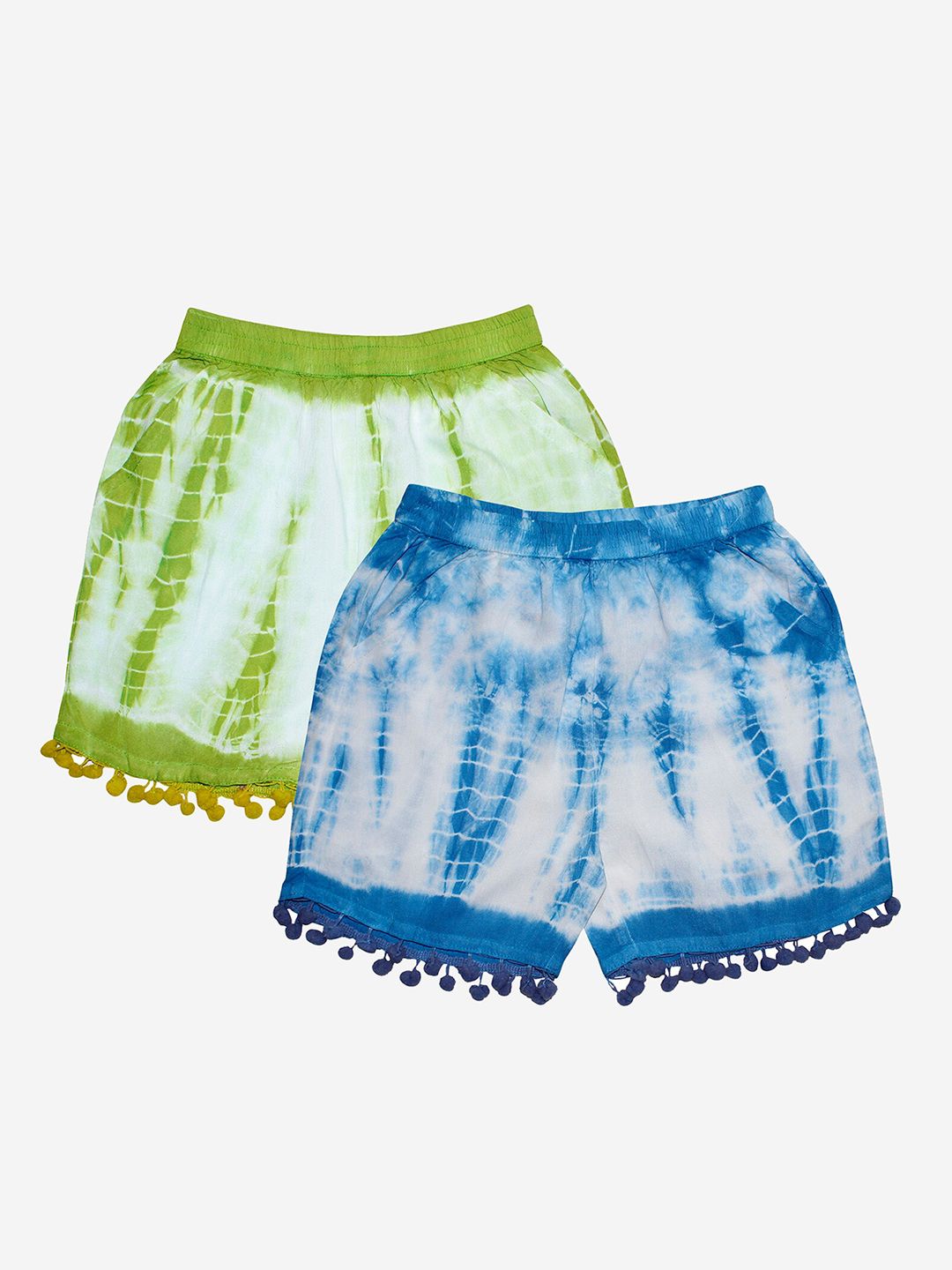 KiddoPanti Girls Green & Blue Pom Pom Lace Hem Tie & Dye Shorts-picture-50