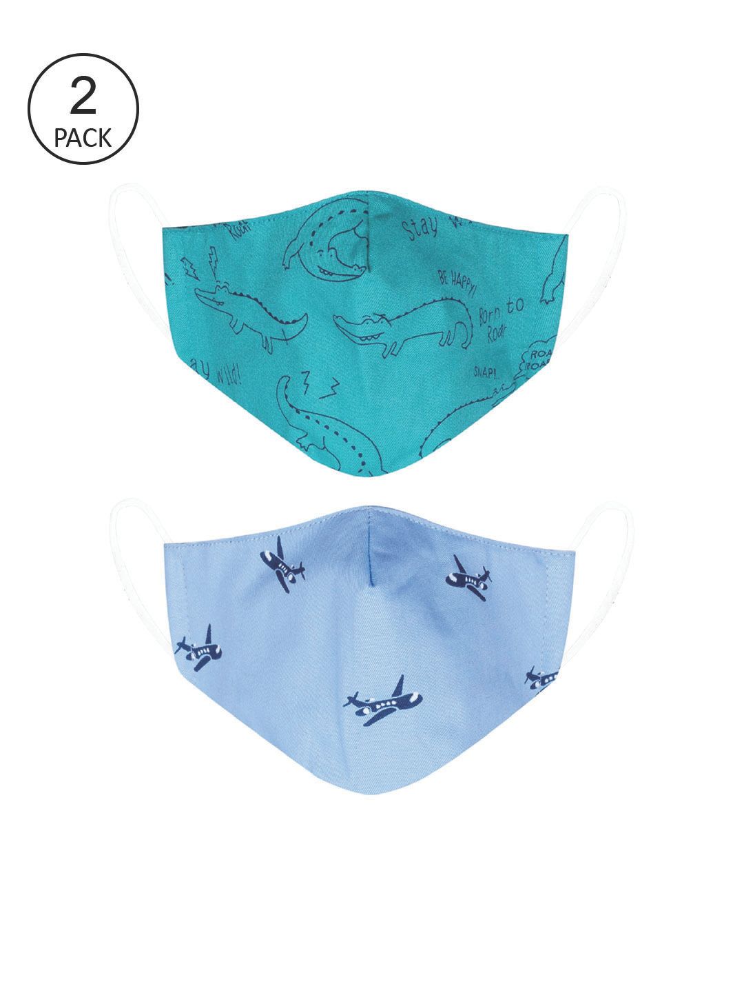 VEA Kids Pack of 2 Turquoise Blue & White Printed Cotton 5 Layered Filtration Face Masks-image-36