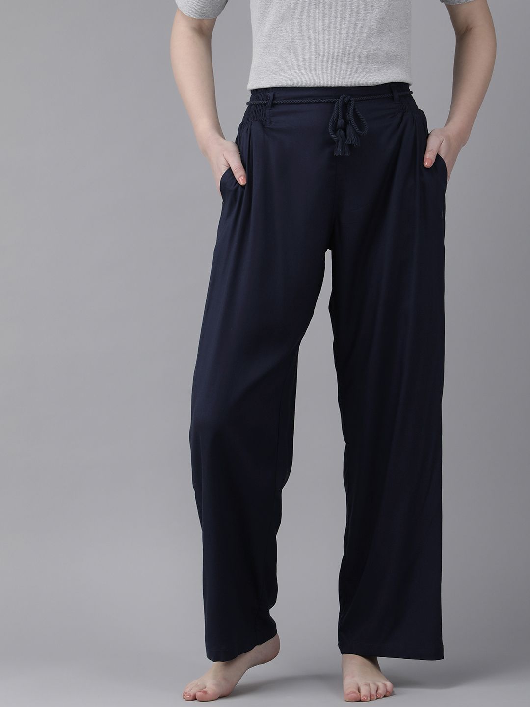 Van Heusen Women Mid-Night Blue Solid Smocked Waistband Functional Pocket Lounge Pyjamas-picture-19