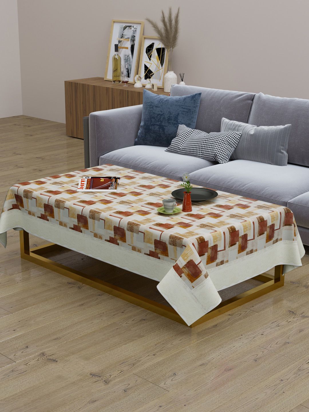 Clasiko Cream-Coloured & Brown Geometric Printed Rectangle Table Cover-image-39