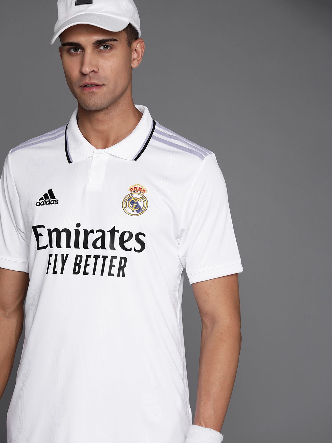 ADIDAS Men White & Black Brand Logo Real Madrid Printed Polo Collar Applique T-shirt-picture-46