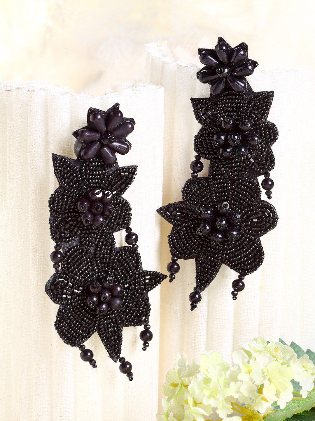Moedbuille Black Beads Floral Drop Earrings