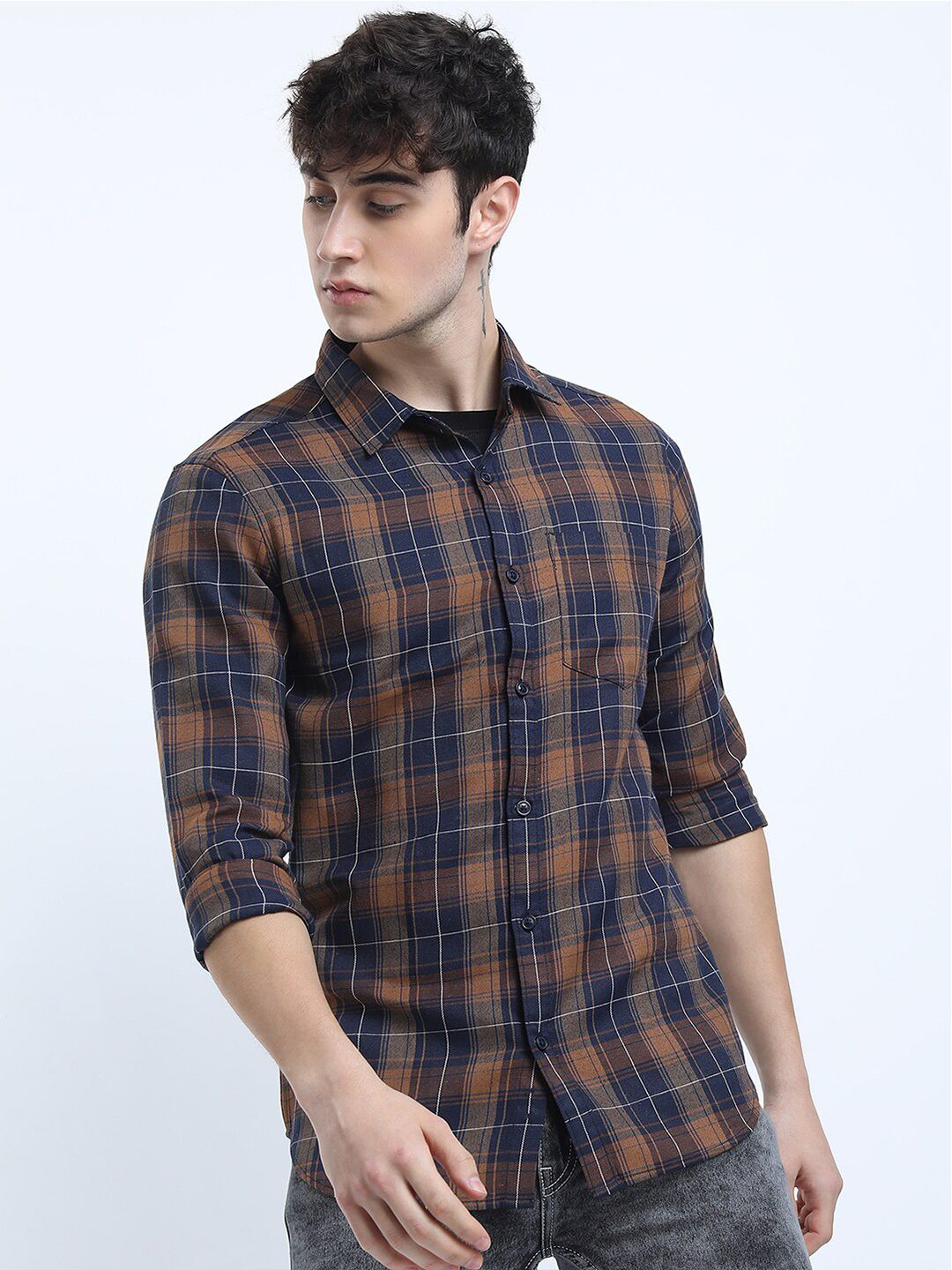 KETCH Men Navy Blue Slim Fit Tartan Cecks Checked Casual Shirt