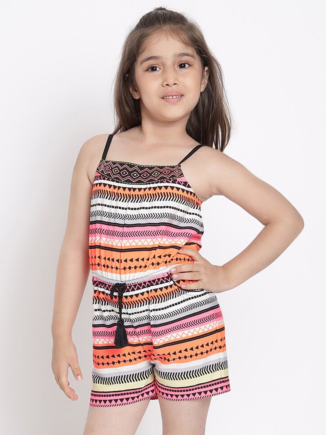Nauti Nati Girls Orange & Pink Printed Pure Cotton Playsuit-picture-12