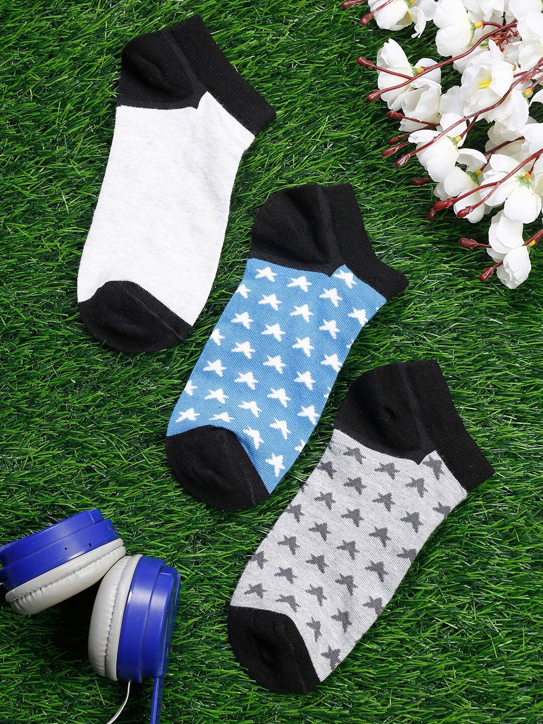 MUTAQINOTI Men Pack Of 3 Blue & White Patterned Ankle-Length Antimicrobial Socks-picture-28